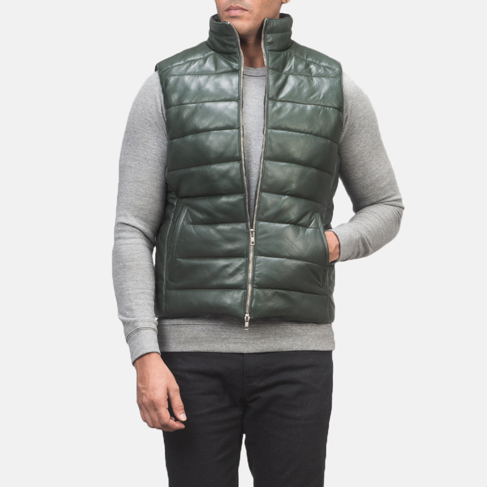 
Close-Up Detail of Classic Collar & Zipper with Dual Puller Hardware on Reeves Green Leather Puffer Vest