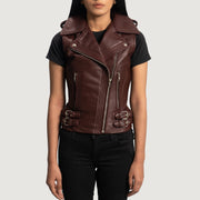 
Rhonda Maroon Leather Biker Vest in Maroon Sheepskin Leather - Front Profile View & Tailored Silhouette | Buy Online