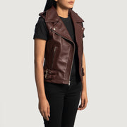 
Rhonda Maroon Leather Biker Vest - Lateral Side Profile View Showing Sleeve Cut & Athletic Taper Fit