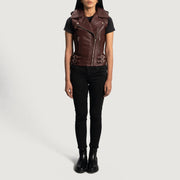 
Close-Up Detail of Notch & Zipper Hardware on Rhonda Maroon Leather Biker Vest