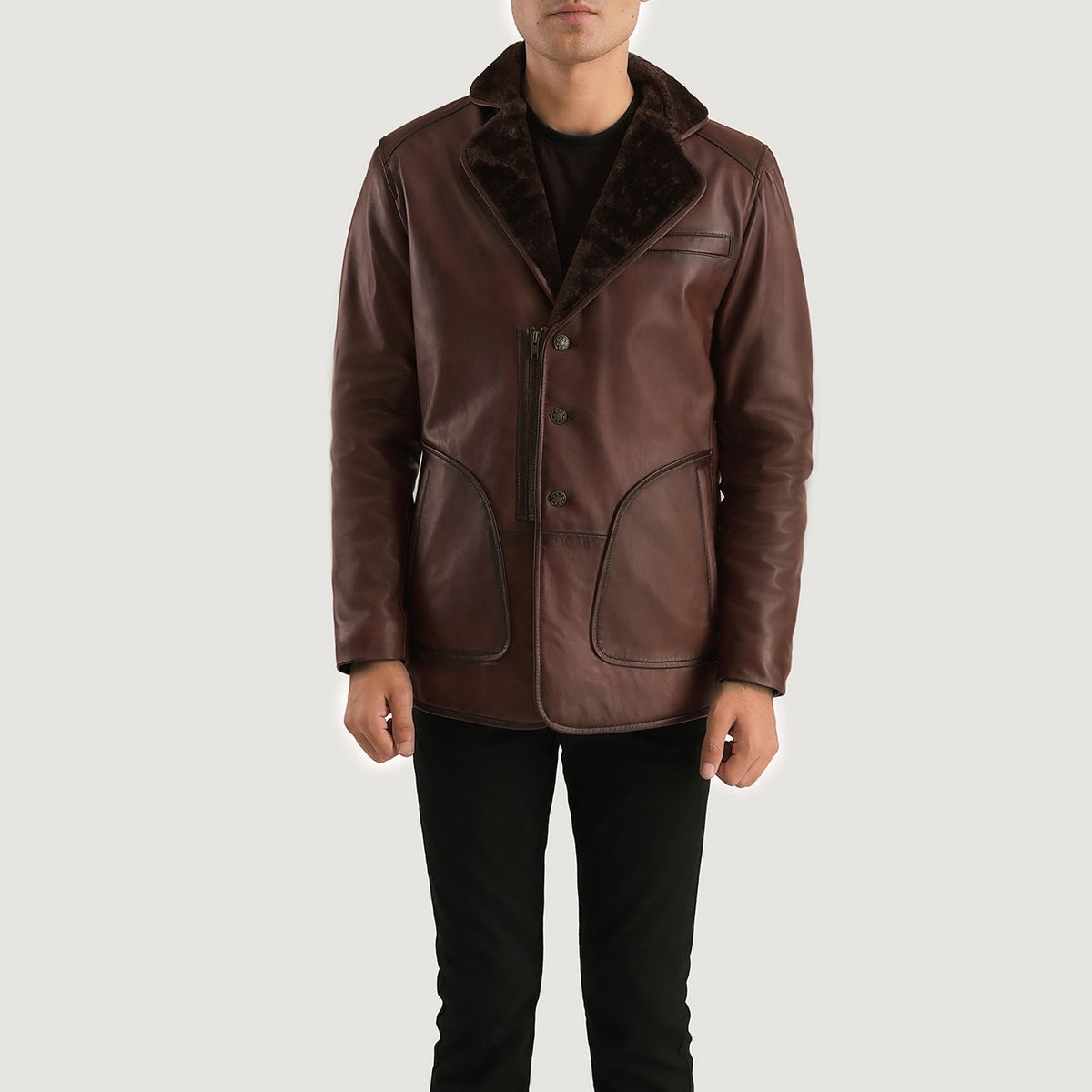 
Rocky Brown Fur Leather Coat in Distressed Brown Sheepskin Burnishing - Front Profile View & Tailored Silhouette | Buy Online