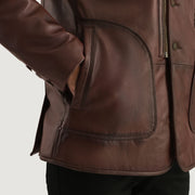 
Rocky Brown Fur Leather Coat - Lateral Side Profile View Showing Sleeve Cut & Athletic Taper Fit