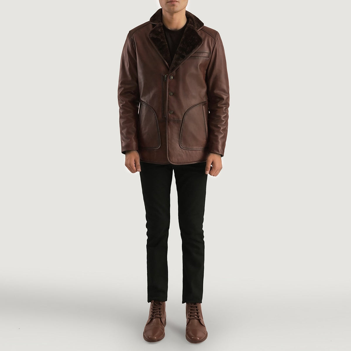 
Close-Up Detail of Notch & Button Hardware on Rocky Brown Fur Leather Coat