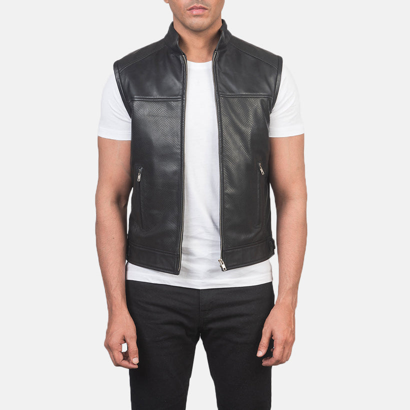 Roland Svart Leather Biker Vest for Herre