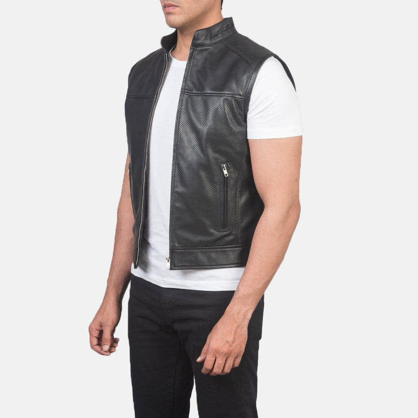 Roland Svart Leather Biker Vest for Herre