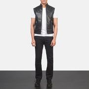 
Roland Black Leather Biker Vest - Lateral Side Profile View Showing Sleeve Cut & Athletic Taper Fit