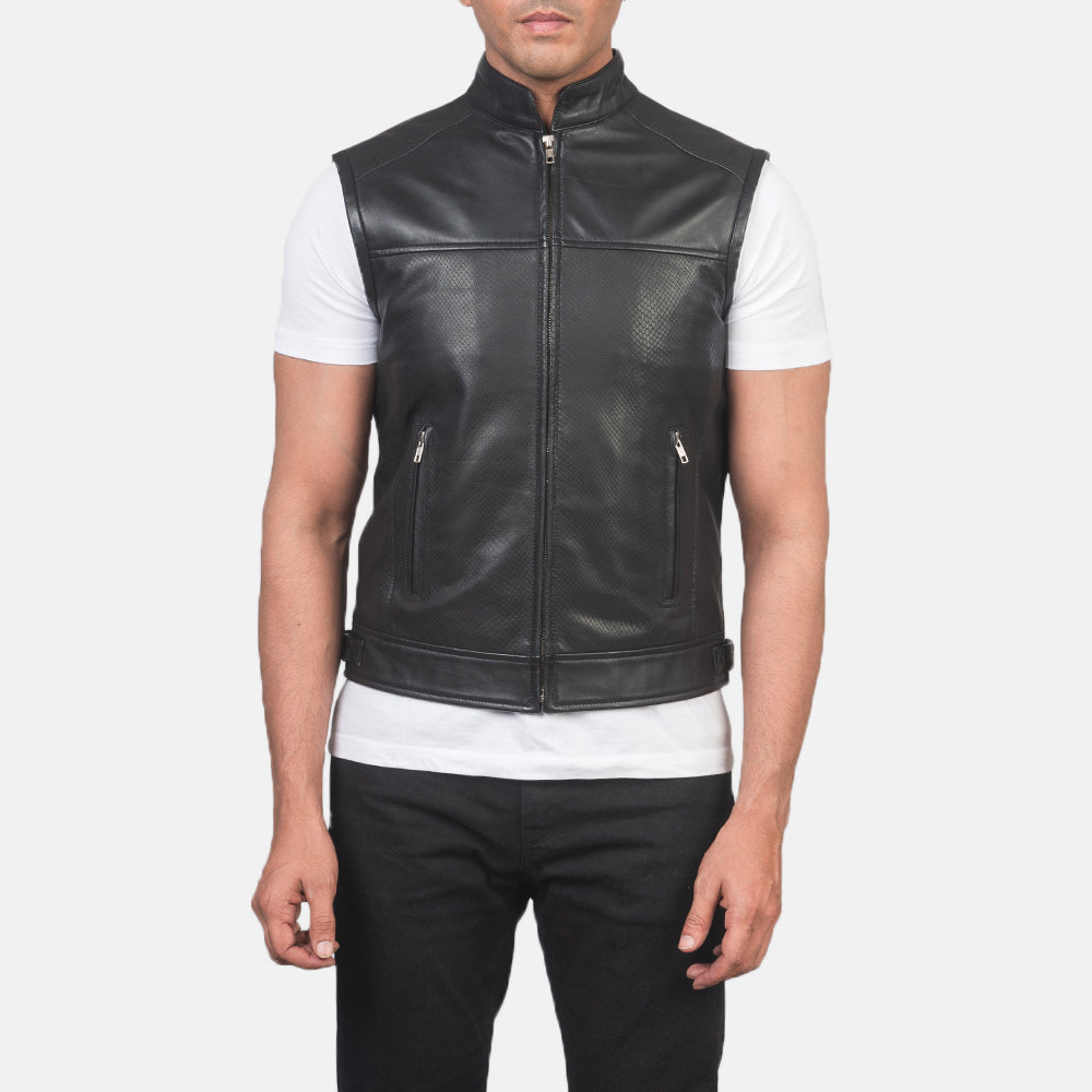 
Close-Up Detail of Band & Zipper Hardware on Roland Black Leather Biker Vest
