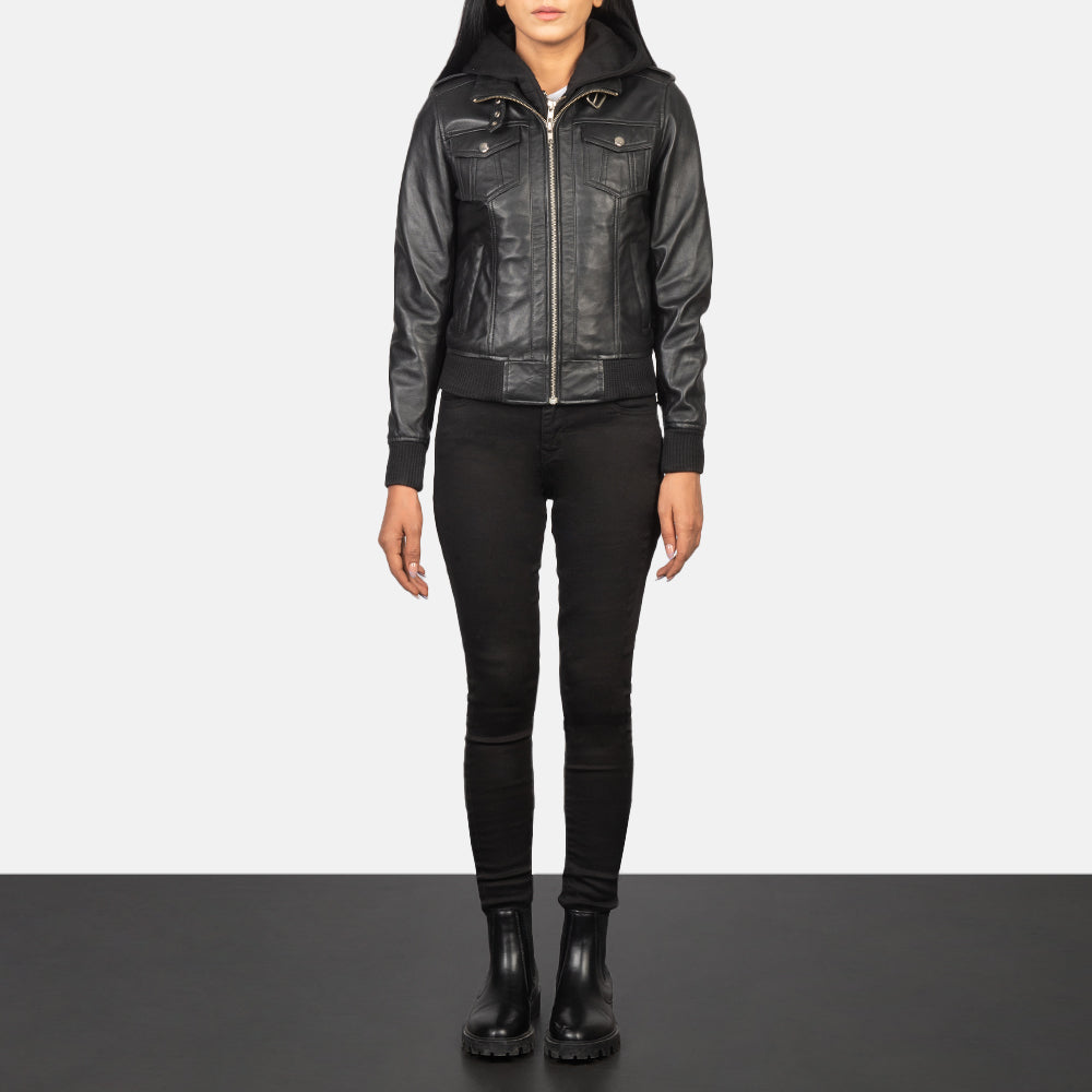 Roslyn Hooded Bomberjakke i Skinn for Kvinner – alternate product view 3