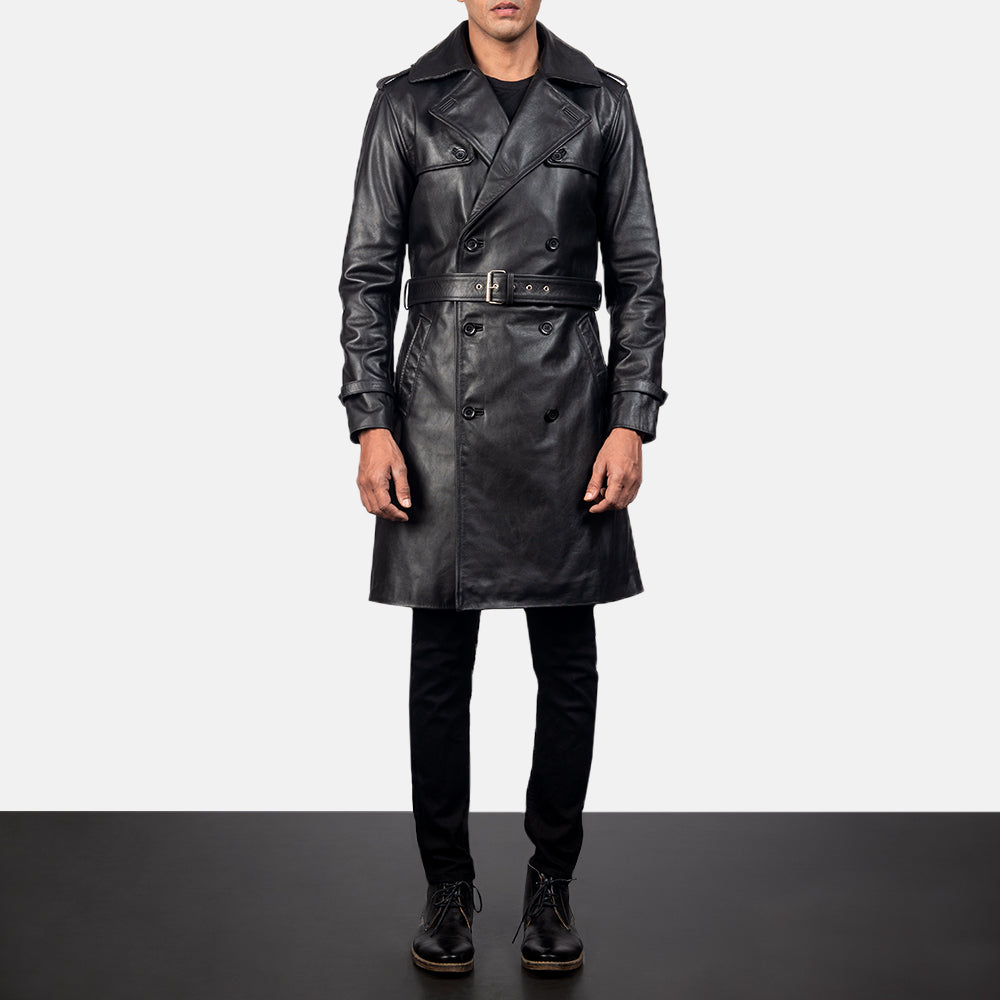 Men's Royson Svart Leather Duster Skinnkåpe for Herre in Black Cowhide Leather - Front Profile View &amp; Tailored Silhouette | Buy Online