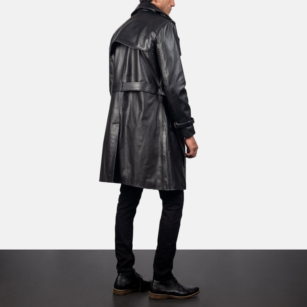 Men's Royson Svart Leather Duster Skinnkåpe for Herre - Lateral Side Profile View Showing Sleeve Cut &amp; Athletic Taper Fit