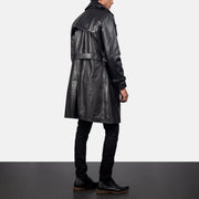 Men's Royson Svart Leather Duster Skinnkåpe for Herre - Lateral Side Profile View Showing Sleeve Cut &amp; Athletic Taper Fit