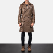 
Royson Brown Leather Duster Coat in Mocha Brown Calfskin Leather - Front Profile View & Tailored Silhouette | Buy Online
