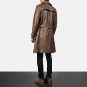
Royson Brown Leather Duster Coat - Lateral Side Profile View Showing Sleeve Cut & Athletic Taper Fit