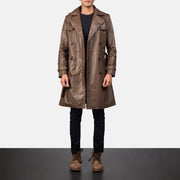 
Close-Up Detail of Shirt & Heavy-Duty Zipper Hardware on Royson Brown Leather Duster Coat