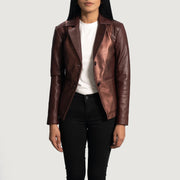 
Ruby Metallic Maroon Leather Blazer - Lateral Side Profile View Showing Sleeve Cut & Athletic Taper Fit