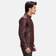 
Maroon Sheepskin Leather Biker Jacket - Back View Showing Tailored Shoulder Fit & Clean Hemline