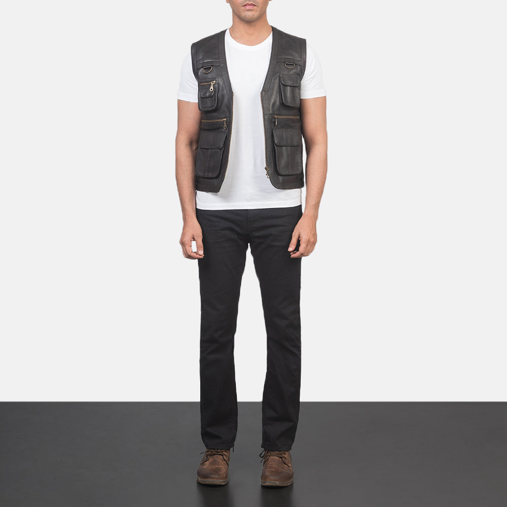 
Safari Brown Leather Vest - Lateral Side Profile View Showing Sleeve Cut & Athletic Taper Fit
