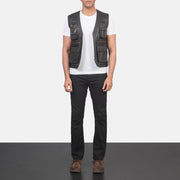
Safari Brown Leather Vest - Lateral Side Profile View Showing Sleeve Cut & Athletic Taper Fit