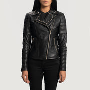 Women's Sally Mae Studded Svart Bikerjakke i Skinn for Kvinner in Black Sheepskin Leather - Front Profile View &amp; Tailored Silhouette | Buy Online