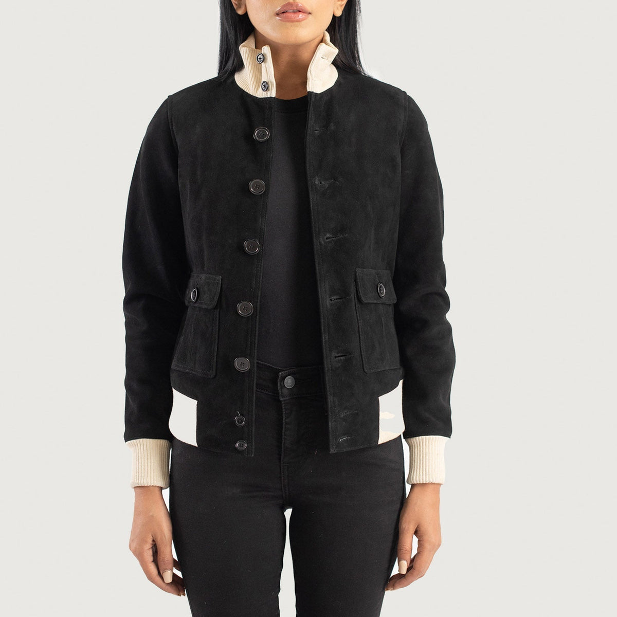 
Sasha A1 Black Suede Bomber Jacket in Black Goatskin Suede - Front Profile View & Tailored Silhouette | Buy Online