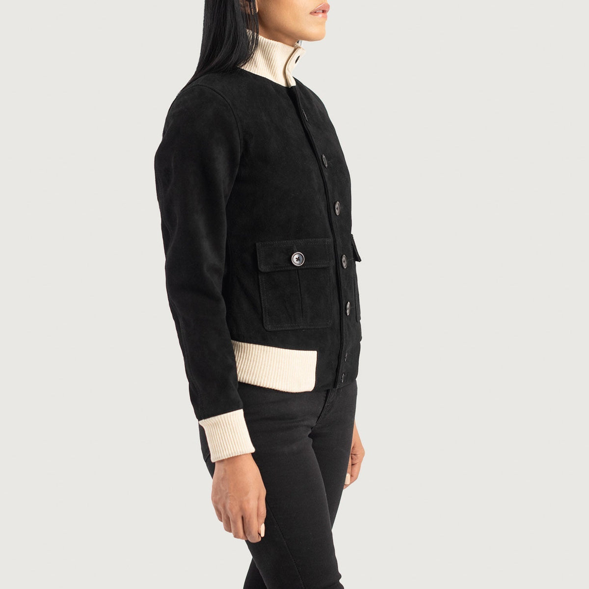 
Black Goatskin Suede Bomber Jacket - Back View Showing Tailored Shoulder Fit & Clean Hemline