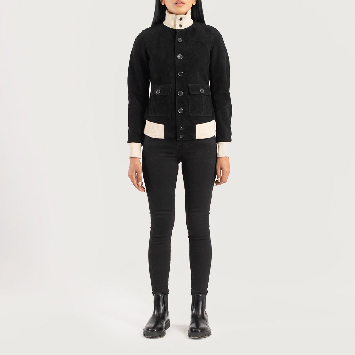 
Sasha A1 Black Suede Bomber Jacket - Lateral Side Profile View Showing Sleeve Cut & Athletic Taper Fit
