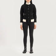 
Sasha A1 Black Suede Bomber Jacket - Lateral Side Profile View Showing Sleeve Cut & Athletic Taper Fit