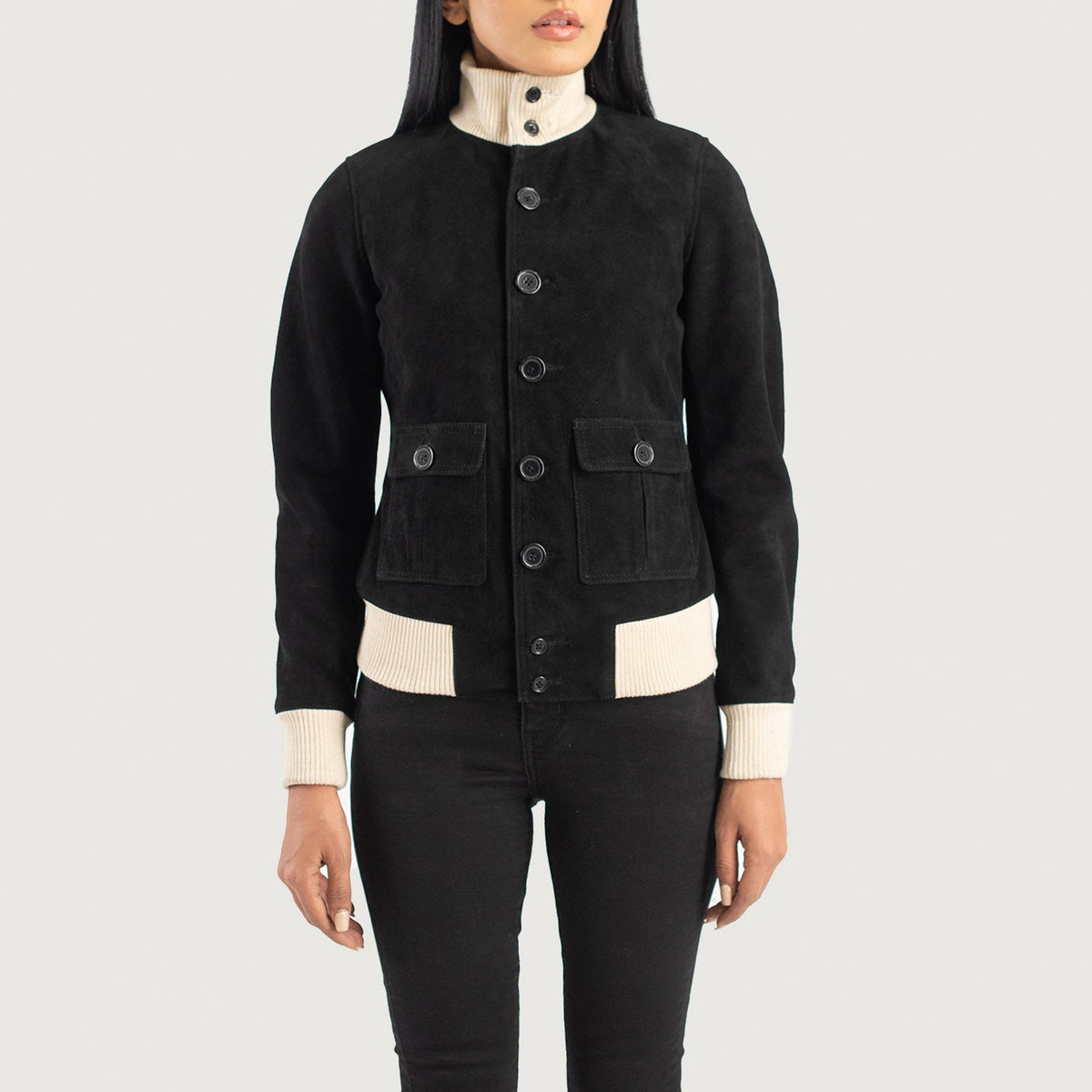 
Close-Up Detail of Knit Rib & Buttons Hardware on Sasha A1 Black Suede Bomber Jacket