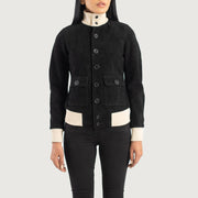 
Close-Up Detail of Knit Rib & Buttons Hardware on Sasha A1 Black Suede Bomber Jacket
