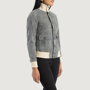 
Styled Fit Perspective of Sasha A1 Black Suede Bomber Jacket on Model - Natural Daylight Drape