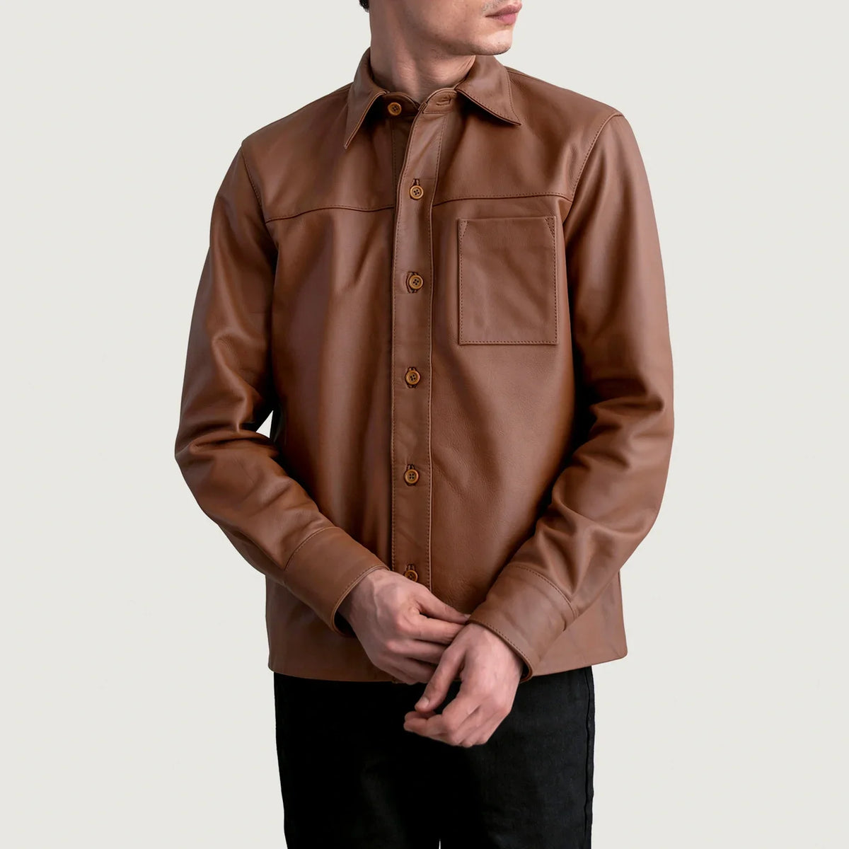 
Scout Matte Brown Leather Shirt - Lateral Side Profile View Showing Sleeve Cut & Athletic Taper Fit