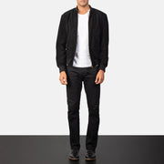 Men's Shane Svart Suede Bomberjakke i Skinn for Herre - Lateral Side Profile View Showing Sleeve Cut &amp; Athletic Taper Fit