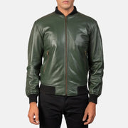 Men's Shane Army Green Leather Bomber Jacket - Lateral Side Profile View Showing Sleeve Cut &amp; Athletic Taper Fit