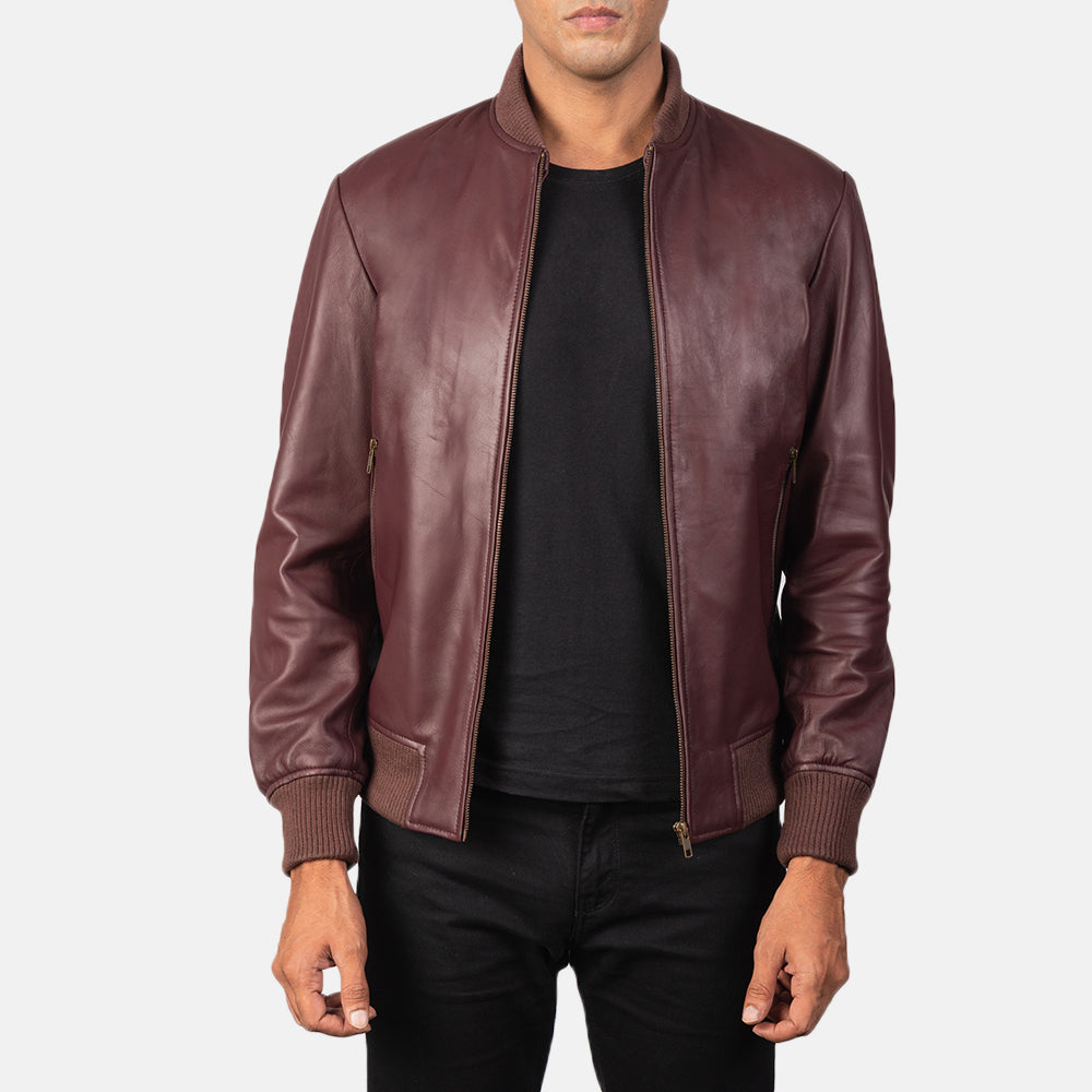 Men's Shane Maroon Bomberjakke i Skinn for Herre in Maroon Sheepskin Leather - Front Profile View &amp; Tailored Silhouette | Buy Online