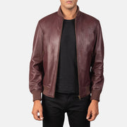 Men's Shane Maroon Bomberjakke i Skinn for Herre in Maroon Sheepskin Leather - Front Profile View &amp; Tailored Silhouette | Buy Online