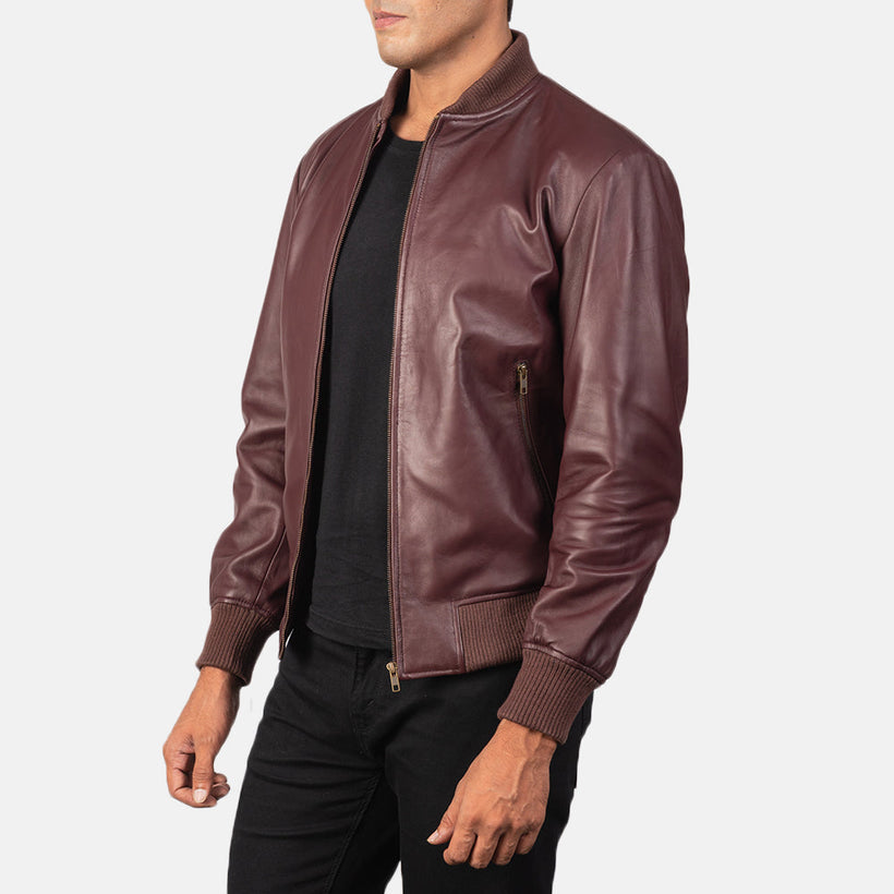 Shane Maroon Bomberjakke i Skinn for Herre