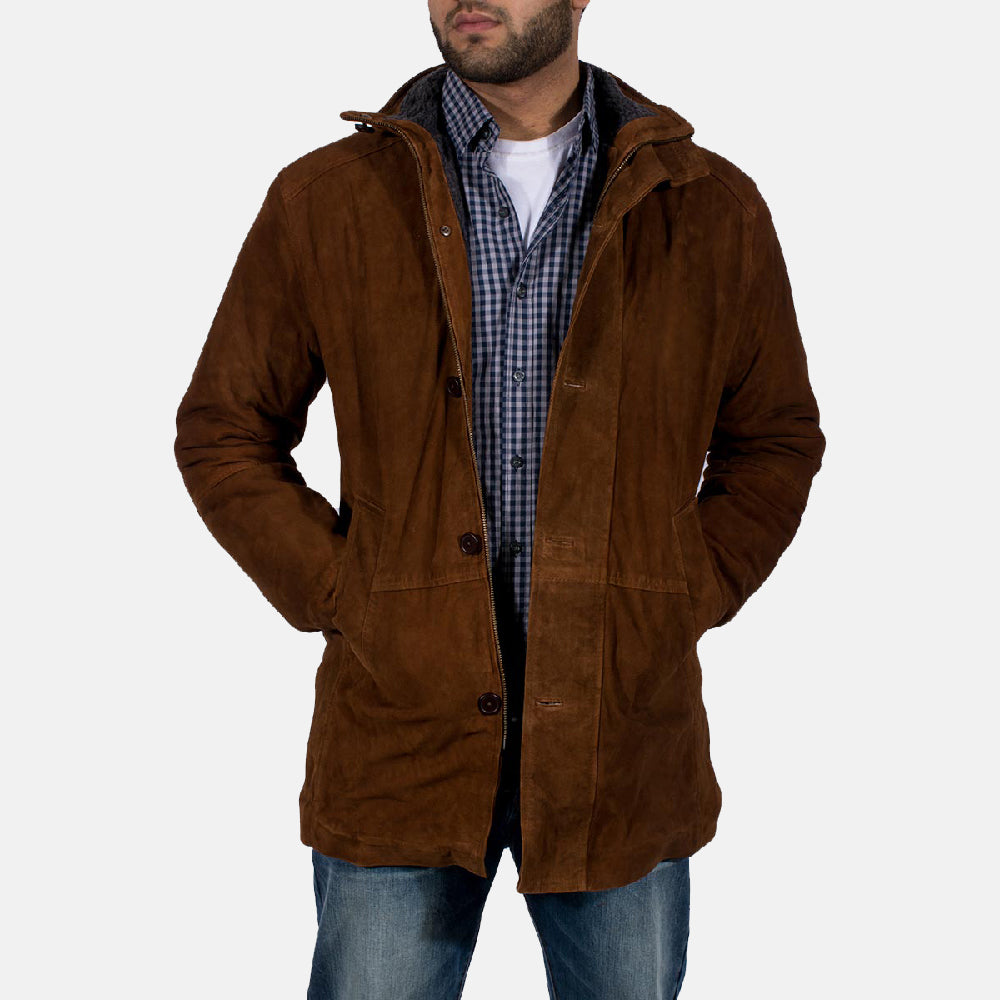 Men's Sheriff Brun Semsket Skinnjakke for Herre in Brown Goatskin Suede - Front Profile View &amp; Tailored Silhouette | Buy Online