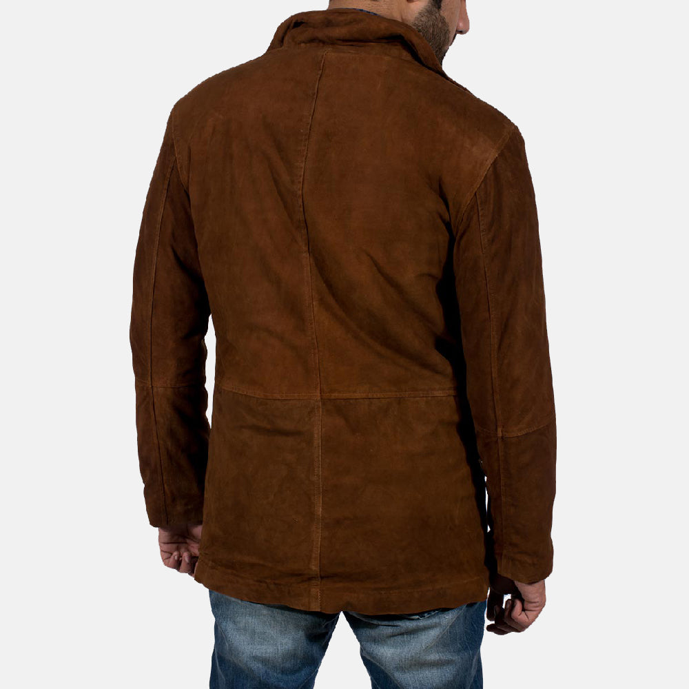 Close-Up Detail of High neck &amp; Zipper with Button Flap Hardware on Men's Sheriff Brun Semsket Skinnjakke for Herre