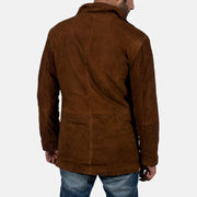 Close-Up Detail of High neck &amp; Zipper with Button Flap Hardware on Men's Sheriff Brun Semsket Skinnjakke for Herre
