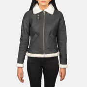 
Styled Fit Perspective of Sherilyn B-3 Distressed Black Leather Bomber Jacket on Model - Natural Daylight Drape