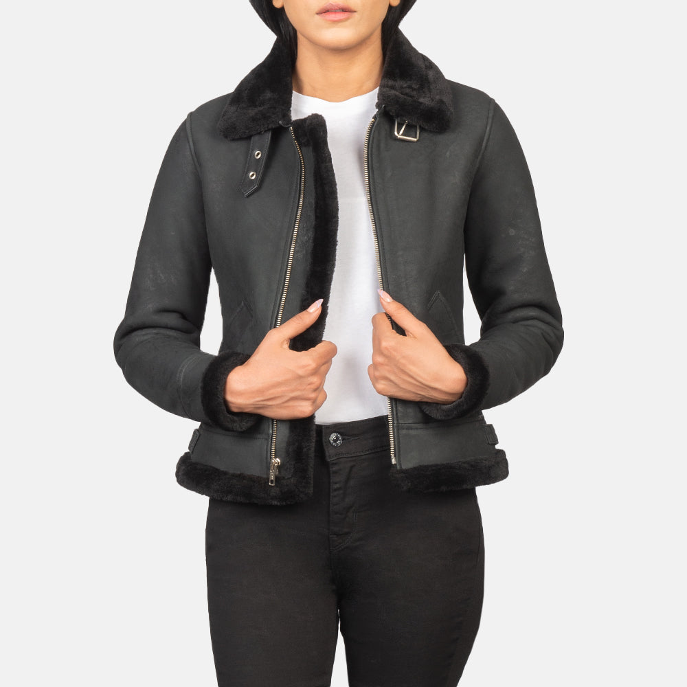 
Sherilyn B-3 Distressed Black Leather Bomber Jacket in Distressed Black Sheepskin Snuffed - Front Profile View & Tailored Silhouette | Buy Online