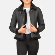
Sherilyn B-3 Distressed Black Leather Bomber Jacket in Distressed Black Sheepskin Snuffed - Front Profile View & Tailored Silhouette | Buy Online