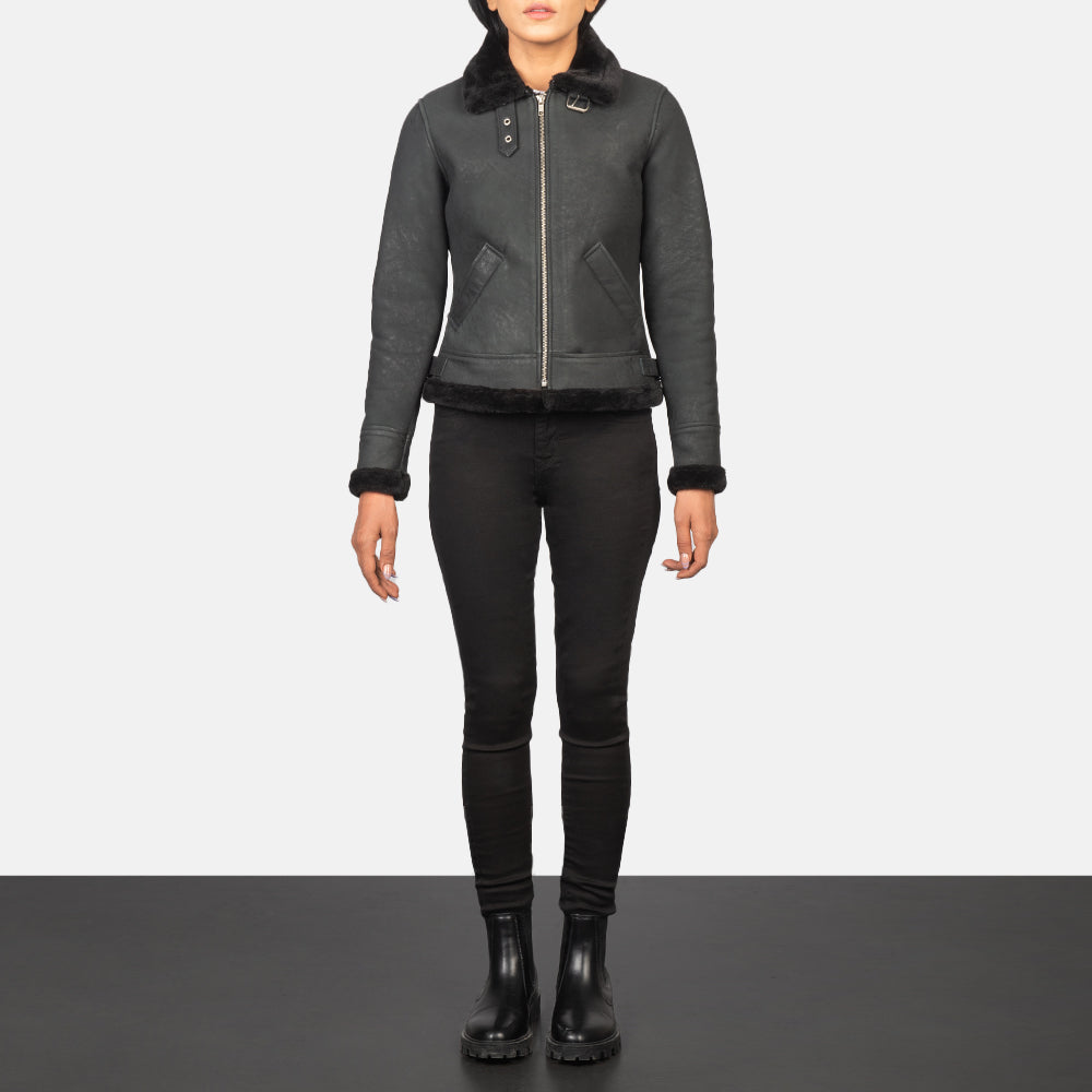 
Sherilyn B-3 Distressed Black Leather Bomber Jacket - Lateral Side Profile View Showing Sleeve Cut & Athletic Taper Fit