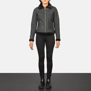 
Sherilyn B-3 Distressed Black Leather Bomber Jacket - Lateral Side Profile View Showing Sleeve Cut & Athletic Taper Fit