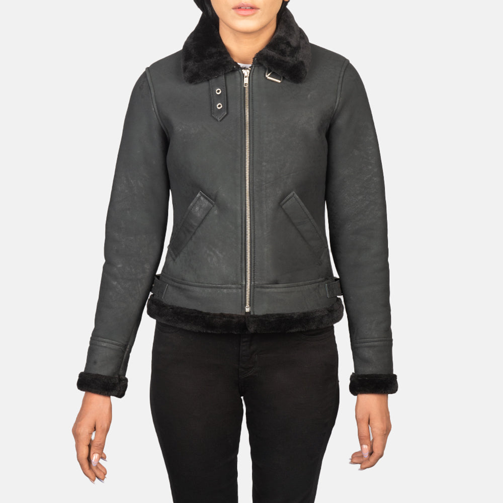 
Close-Up Detail of Buckled Collar & Zipper Hardware on Sherilyn B-3 Distressed Black Leather Bomber Jacket