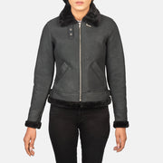 
Close-Up Detail of Buckled Collar & Zipper Hardware on Sherilyn B-3 Distressed Black Leather Bomber Jacket