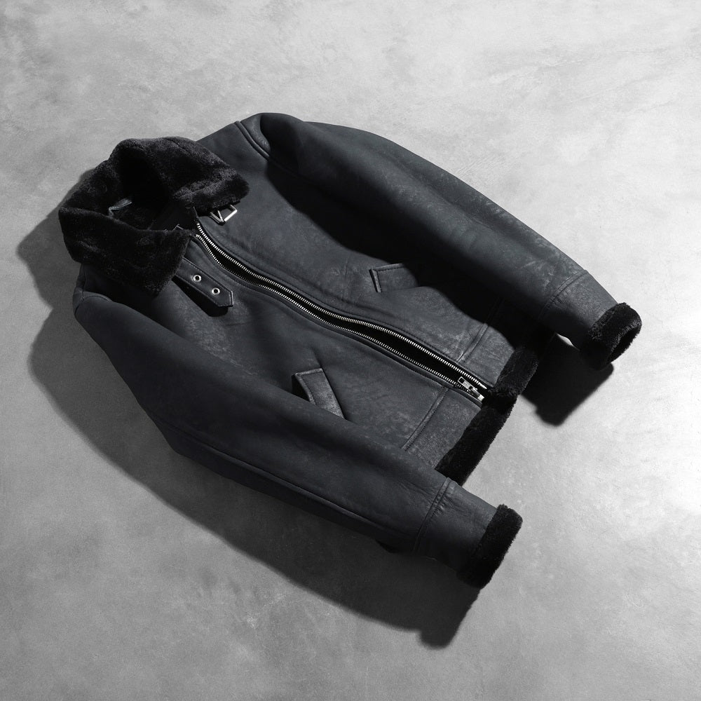 
Roll-back Cuffs & Hem Craftsmanship Construction Detail on Sherilyn B-3 Distressed Black Leather Bomber Jacket