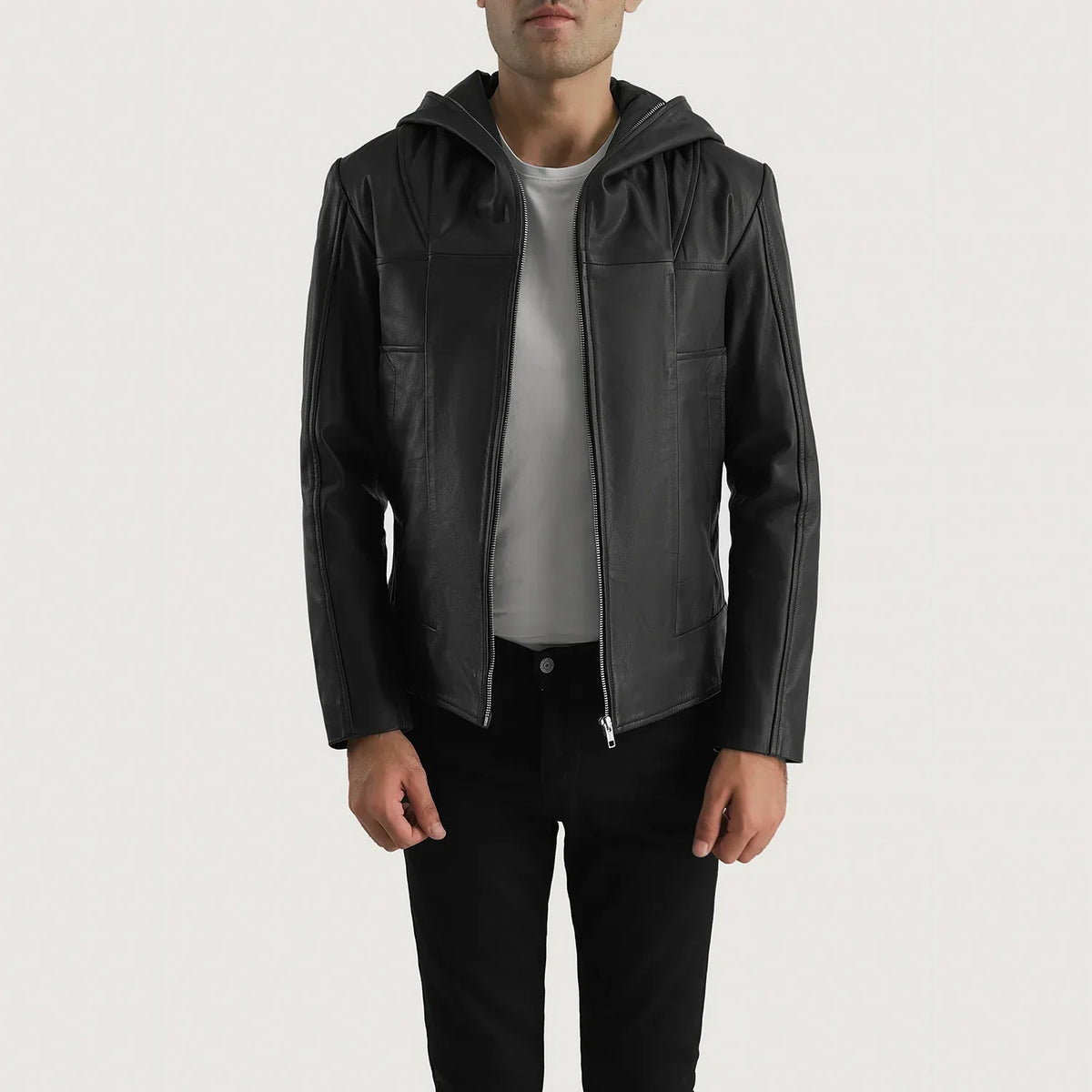 Men's Spratt Svart Hooded Skinnjakke for Herre in Black Goatskin Leather - Front Profile View &amp; Tailored Silhouette | Buy Online