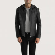 Men's Spratt Svart Hooded Skinnjakke for Herre in Black Goatskin Leather - Front Profile View &amp; Tailored Silhouette | Buy Online