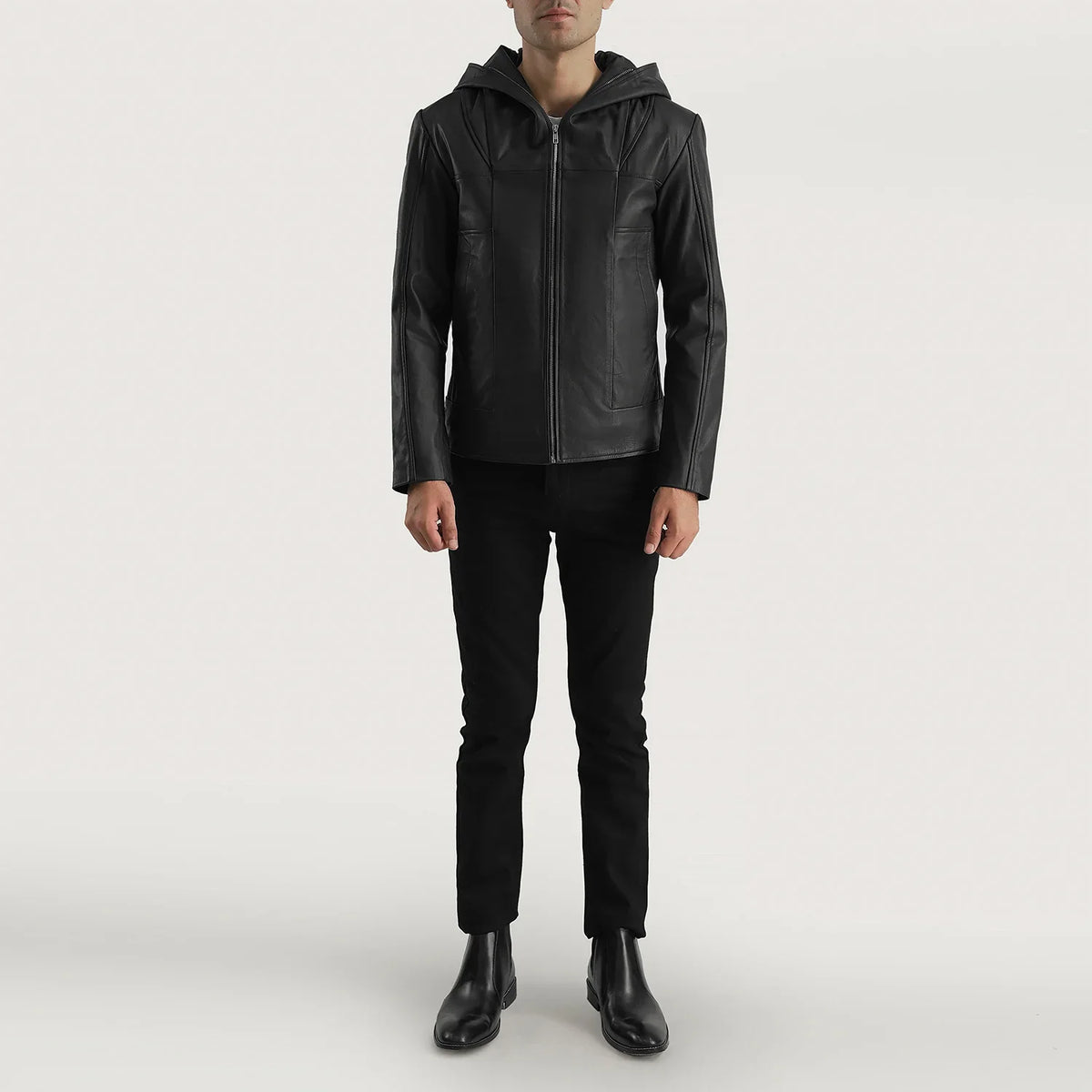 Close-Up Detail of Hooded &amp; Zipper Hardware on Men's Spratt Svart Hooded Skinnjakke for Herre